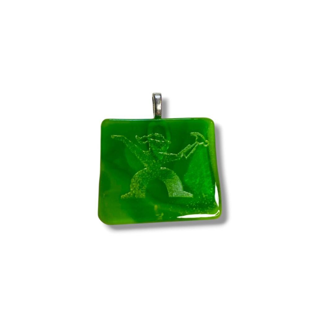 Green‎ Glass Pendant Jewelry Etched Man with Hammer 1.4" x 1.5" Drop